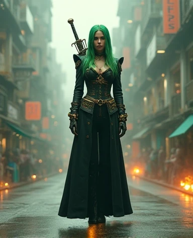 a woman, wear steampunk long coat jacket clothes long trousers clothes, long hair green colors, he was standing while stylish, sci-fi, fantasy, masterpiece, visual effects graphics, fire sparks, dust effects graphics, taking big sword with placed on his sh...