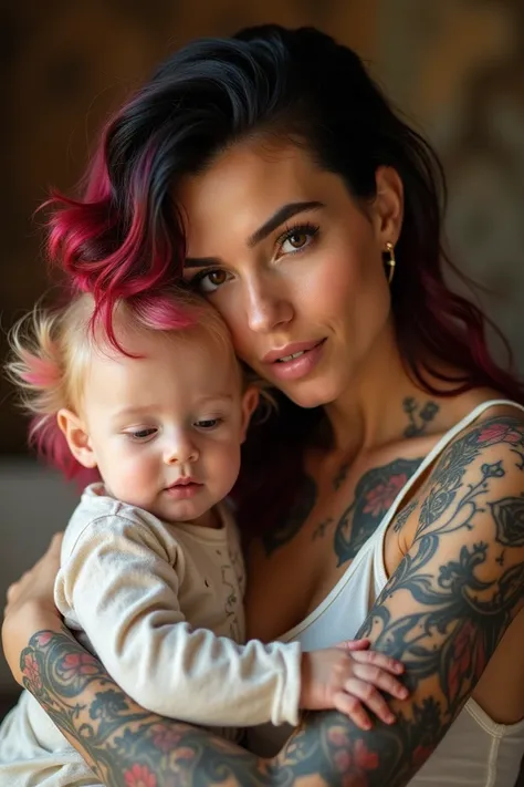 Young mother with tattoos of black and red hair with a  blonde daughter with pink tips in her hair and a baby in blonde 