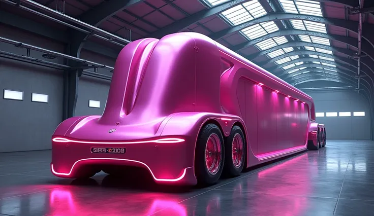 "Design a futuristic semi-truck trailer in a vibrant metallic pink color, featuring aerodynamic curves and smooth details. The trucks rear section includes sleek LED tail lights, a polished chrome bumper, and glowing pink accents on the wheels. The setting...