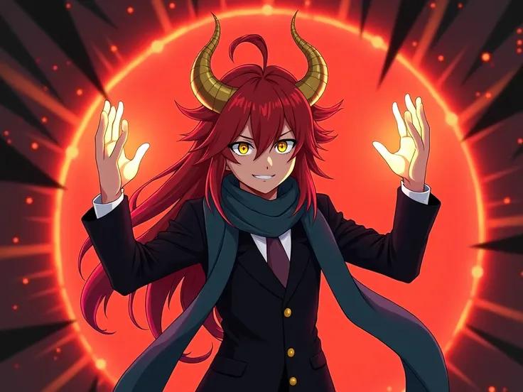 Young adult anime boy ,  with long red hair with golden horns and yellow eyes, dressed in a black suit ,  and a dark blue scarf ,  forming with their hands a huge crimson-colored orb of energy,with black rays around ,