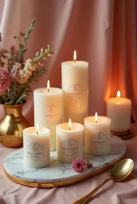 "Present a luxurious collection of Diyasilai candles. Arrange multiple candles of different sizes and shapes on a marble tray with gold-rimmed accents. Surround them with dried flowers, golden candle holders, and a silk cloth in pastel tones. Use warm, amb...