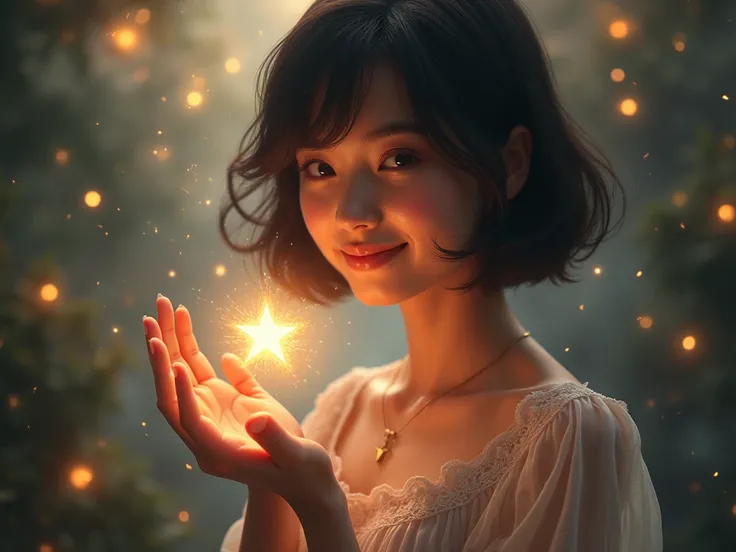  I have a star on the palm of my hands、The stars on my palm shine 、Planetary energy 、 women around 25 years old 、 black hair、 short bob、smile、Full body images、 background bright、High image quality