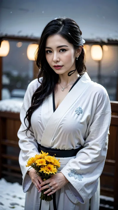 (RAW shooting, Photoreal:1.5, 8K, highest quality, masterpiece, ultra high resolution), ((((heavy snow, Blizzard)))), Highly detailed skin and facial textures:1.3, perfect dynamic composition:1.2, (In front of a shrine at night in a modern city, expression...