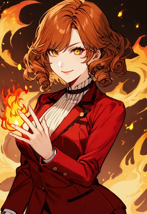 make me a girl, 25 years old, brown long curly, yellow eyes, she’s smiling, red suit, fire powers