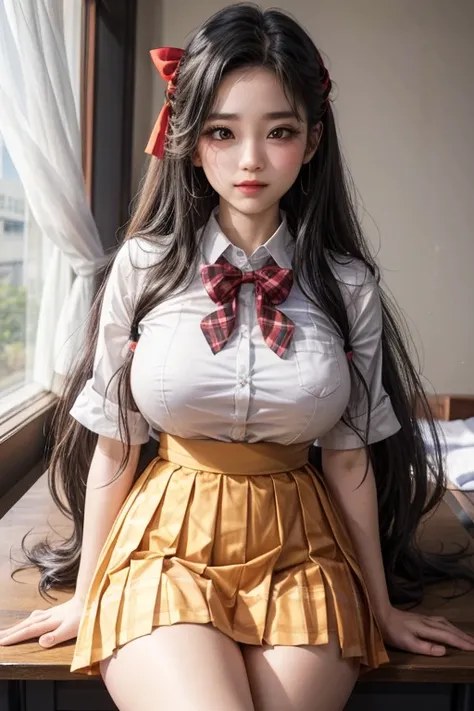 big breasts , thai school girl , skirt dark red , plaid skirt , pleated skirt , red knot , red bow