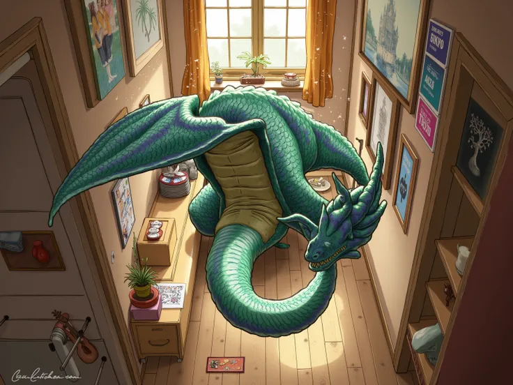 drawing of a dragon flying in the corridor of a house