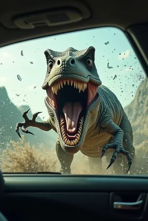 inside the car, a first-person view of a velociraptor bursts its sharp claws into reinforced glass 