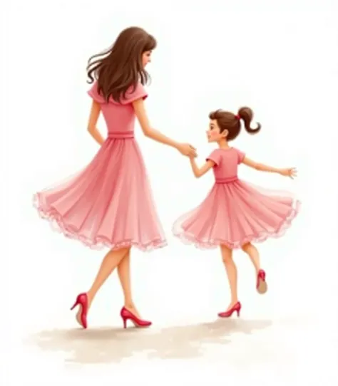 A graceful illustration of a mother and daughter dancing together, viewed from behind. The mother has wavy, shoulder-length brown hair and wears a knee-length pink dress paired with elegant high heels. The daughter has her hair styled in a playful ponytail...