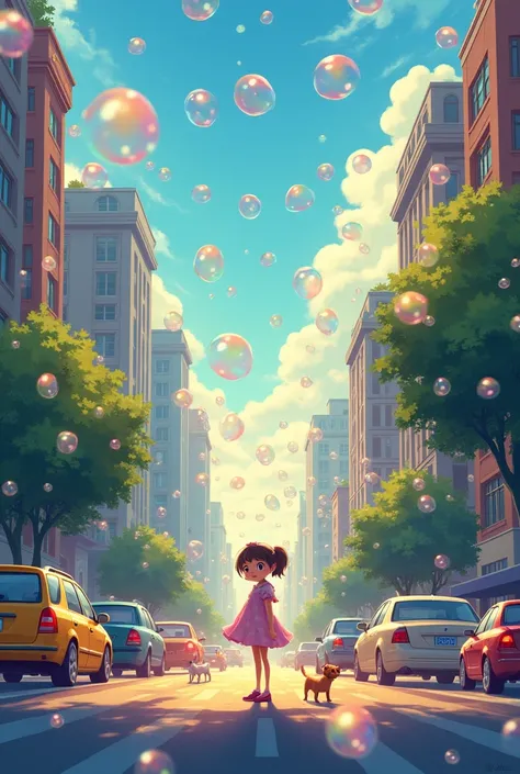 The city is full of bubbles with magic bubbles, people, cars, houses and pets are full of bubbles, a girl is blowing bubbles, a bright and happy scene,