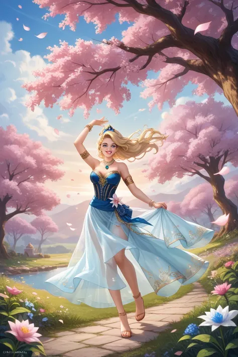 In this scene, where the wind blows away her garments, the focus is on the fluidity, dynamism, and sensualism.
- **Lush Landscape**: Depict an opulent garden filled with blooming **lotus flowers, exotic trees, and radiant golden light**. Add **flowing stre...