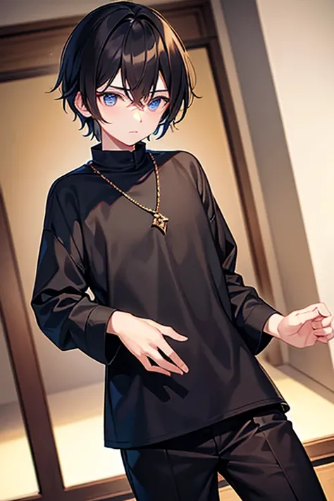 teenage boy wearing black tunic and pants, (beautiful detail eyes), ((best quality)), ((masterpiece))