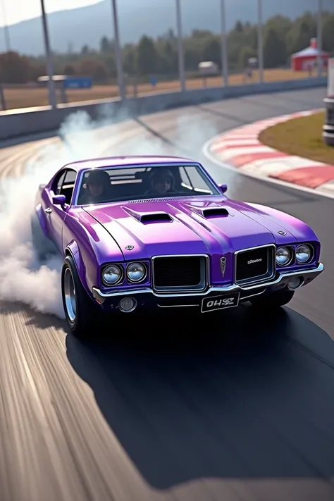 Generate "purple old 442hot wheel realistic car drifting on track"