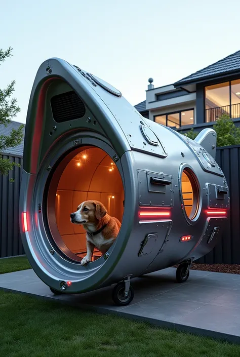 "A doghouse shaped like a spaceship, featuring metallic details and colorful LED lights."