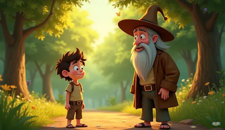  image for a cartoon story video on video Disney-style YouTube , in Pixar format :  Forest path ,  rays of the sun break through the trees . slender,  with a pile of unruly brown hair and big, curious eyes.  Freckles on the nose .  Dries in a worn shirt , ...