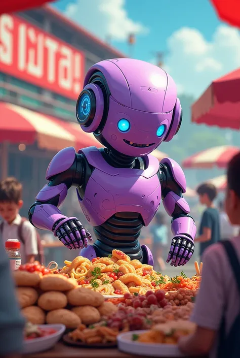 festival food that has a banner write SAC SCHOOL CANTEEN. that school has ai intelligent purple robot judging student food