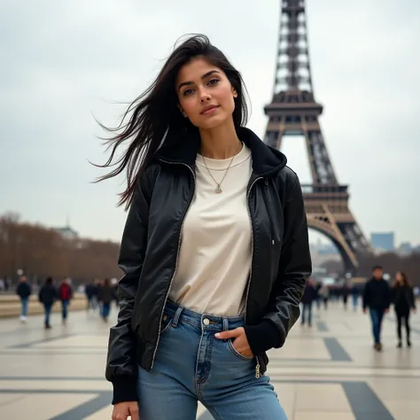  White woman, Caucasian, of this, A 35-year-old girl ,  black hair, slim,  dressed in jeans , wearing a cream-colored t-shirt,  black hooded aviator bomber jacket,  posing for the camera,  full body photo ,  in a plaza del Trocadero ,  with the Eiffel Towe...