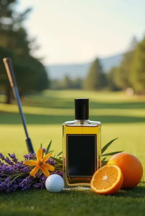 golf course in the background. in the foreground is a perfume bottle with a black blank label, surrounded by lavender, yellow vanilla, juniper berry, tonka bean, orange and tangerine. Pictured is a golf club and golf ball. Bohemian image. The image should ...