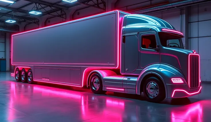 "Create a detailed side view of a futuristic truck with a sleek, aerodynamic design, illuminated by vibrant neon pink lighting accents along its edges. The truck should have a glossy metallic finish, large wheels with reflective chrome rims, and a modern, ...