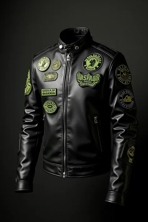 Image de couverture pour Instagram. Jaimerais un fond noir avec un cuir biker avec les patchs dun président dun club de motard nommé Grim Bastards ou la couleurs est le vert. Je ne souhaite que le blouson, pas de personnage