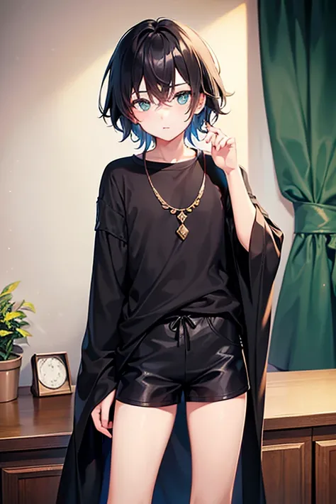 teenage boy wearing black tunic and shorts, (beautiful detail eyes), ((best quality)), ((masterpiece))