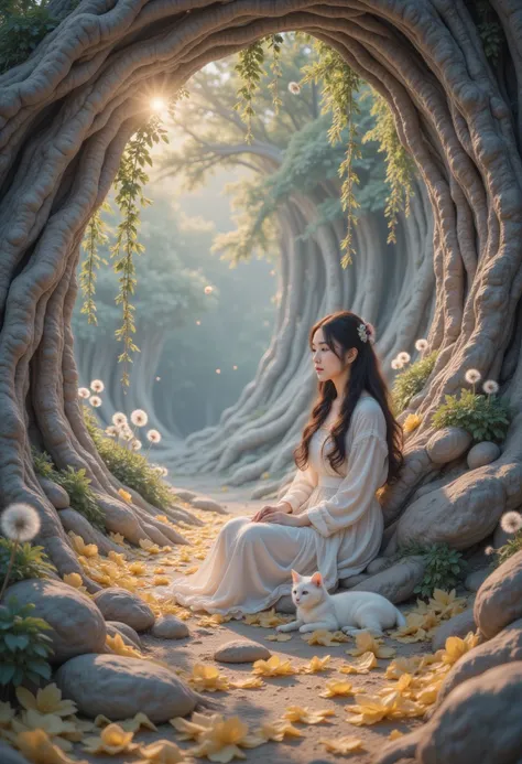 one lady， twilight ，cave，cloud，1 Girl,   cute， long black curls ，a white cat，Soft Light， dandelions falling from a tree ， The floor is covered with yellow-green leaves ，Shining silver light，Innocence，Fairytale-like ， gentle natural depiction ，wear，so beaut...