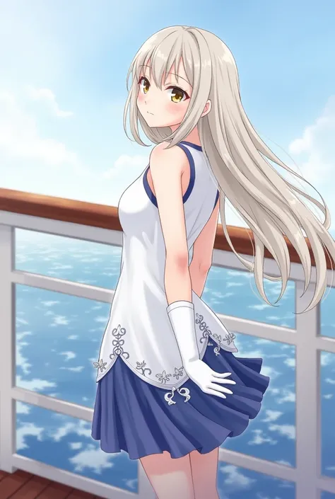 (( best quality)), ((masterpiece)), (( 1 girl )), Alone, ferry, ((Long Hair)), ferryBase, ((Up to the thighs丈の靴下)),  bare shoulders, (( jewelry)), (( sleeveless)),  white dress,  blue skirt , ((Gloves)), Up to the thighs,  from behind.