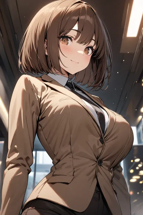 (best quality:1.3), 1girl, standing, round face, detailed eyes, (straight brown hair:1.1), bob cut, light smile, beautiful breasts, wearing a business suit, 