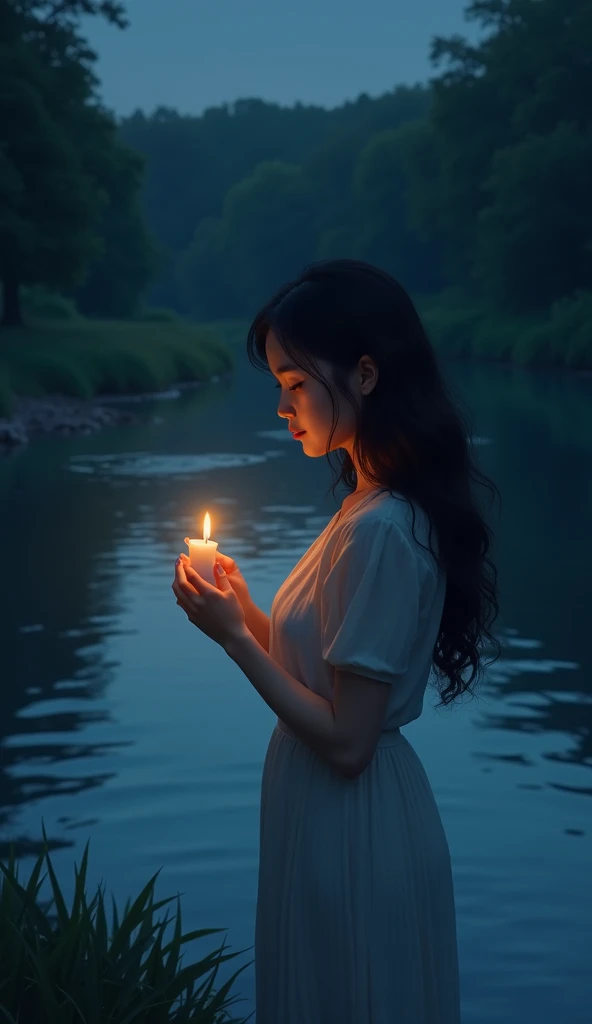 At night, a pretty girl, while closing her eyes with a small smile, finds herself holding a small candle to release in the river and she is on the shore.  