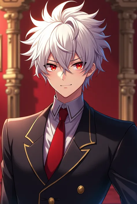 an anime boy who is a Prince.. he looks hot and charismatic.. with blank spiky hair and red eyes.. he should be in a room and should be smirking