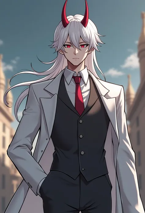 A young man with long white hair, red eyes, with red horns, wearing a full suit