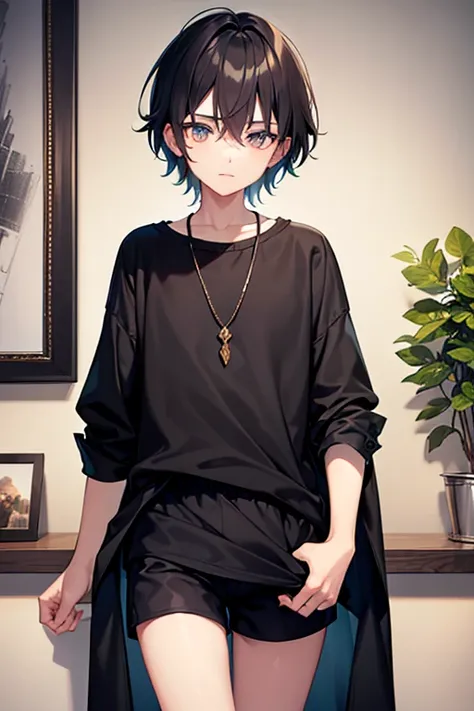 teenage boy wearing black tunic and shorts, (beautiful detail eyes), ((best quality)), ((masterpiece))