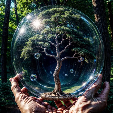 in the center of the image , closeup, hands held together , a tree of life ,  on every tree branch is a magical bubble , in each bubble is a little baby inside , 