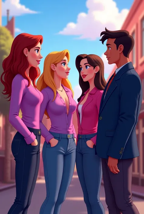  Four bisexual people in animation who dont have a light face wearing fuchsia clothes , purple and dark blue ,  a woman and a trans man with the green t-shirt and their cuffs up because we must unite the day of bisexual visibility and the right to abortion