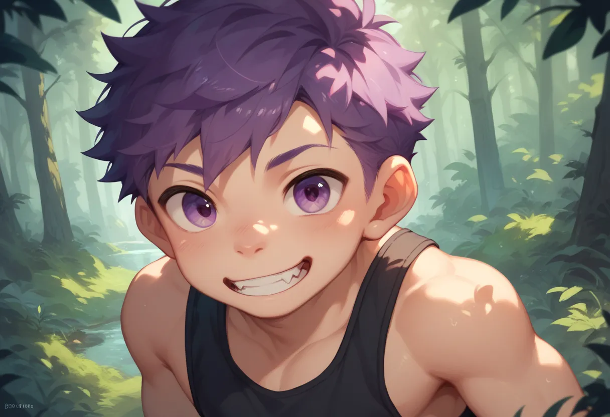 a handsome cute little young boy 3yr cool,messy short purple hair and purple eyes,wearing black singlet,from front,in forest,sho...