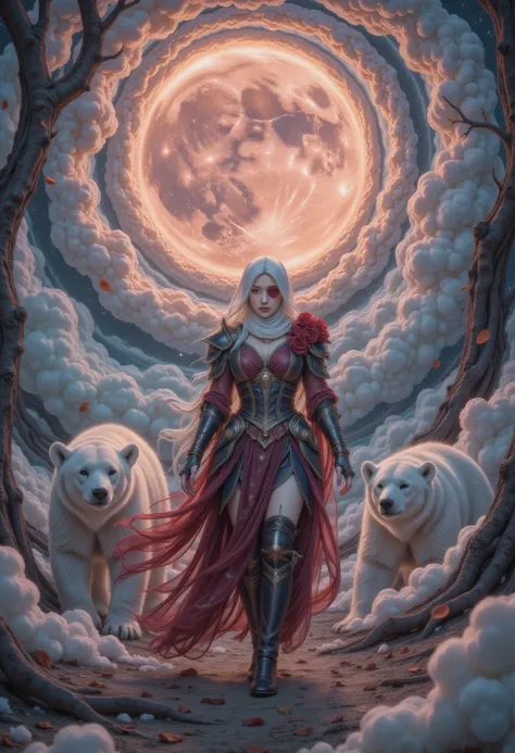 one lady， twilight ，Spiral Cloud，(Hyper-Reality:1.4)， A female knight with a white hood , Polar bears ears on the head , walking with polar bears in a moonlit forest, Blooming roses， Lightning falling from the sky . 只有woman戴着红色的眼罩.  The background is a blo...