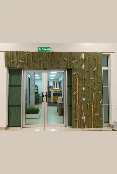 make a bamboo wall on the side and above the door.  add a tropical themed decorative tree pot decoration in front of the bamboo wall.