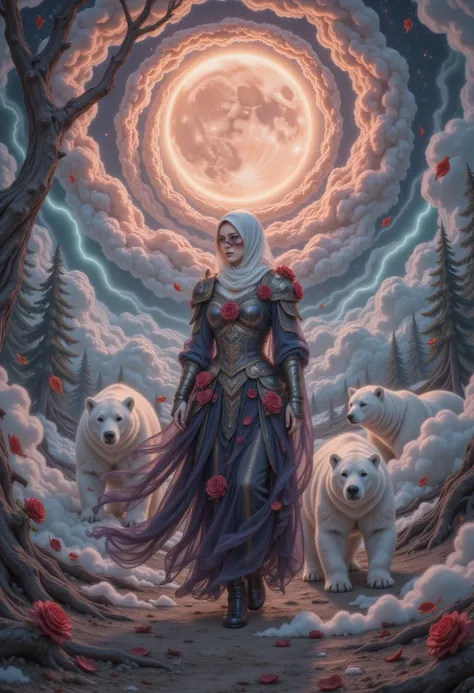 one lady， twilight ，Spiral Cloud，(Hyper-Reality:1.4)， A female knight with a white hood , Polar bears ears on the head , walking with polar bears in a moonlit forest, Blooming roses， Lightning falling from the sky . 只有woman戴着红色的眼罩.  The background is a blo...