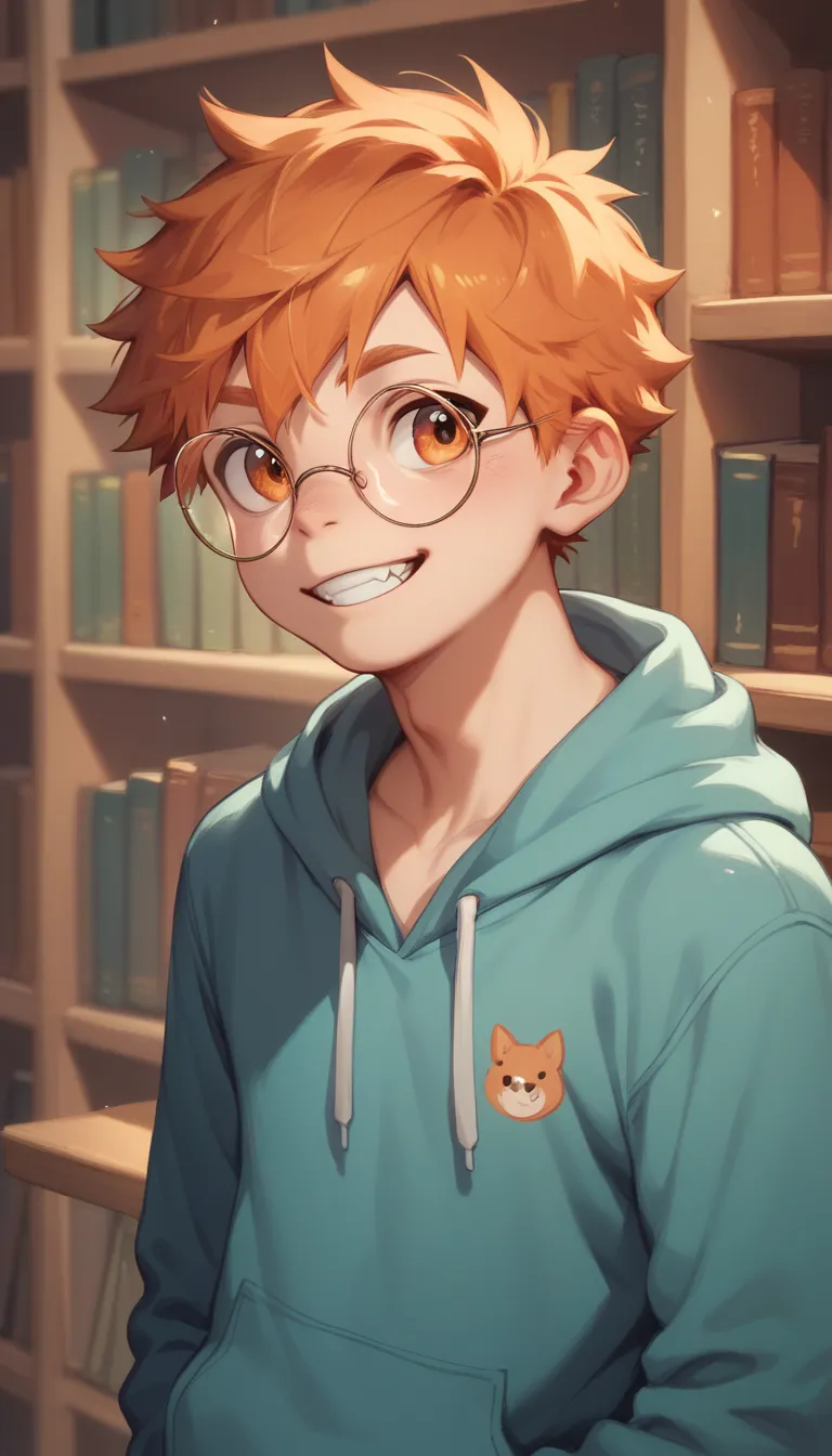 a handsome cute little young boy 3yr cool,messy orange hair and orange eyes,wearing round glasses,wearing hoodie,from front,in l...