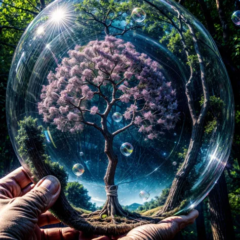 in the center of the image , closeup, hands held together , a tree of life ,  on every tree branch is a magical bubble , in each bubble is a little baby inside , the background is in like matrix , symbols, 