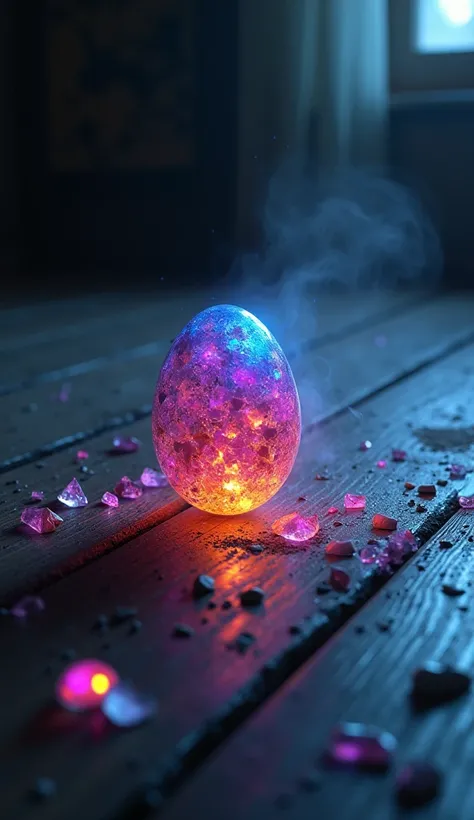 Prompt 2: Create a Disney Pixar style close-up shot of shattered rainbow-colored egg fragments on a wooden floor, glowing faintly with multicolored light. The subject is centered, with faint traces of smoke rising. The point of view is from above, as if so...