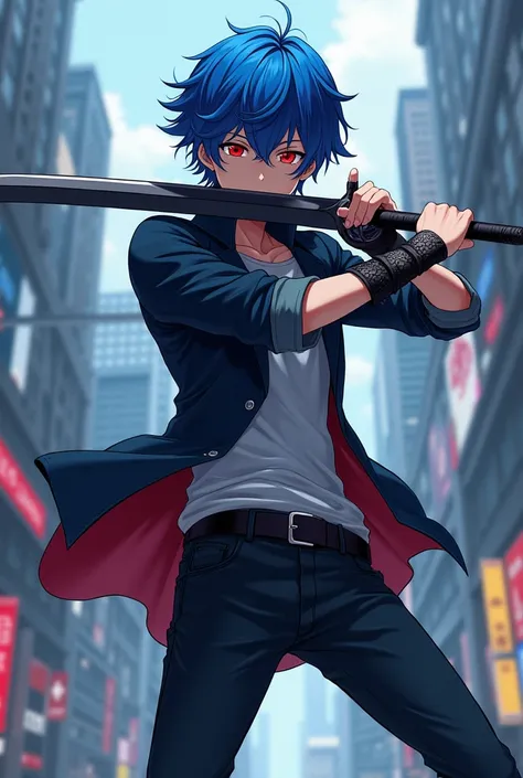 The anime character wears a suit of red eyes with blue hair, news with black to the sword, watches as a weapon, is 18 years old, is a man and is thriving.