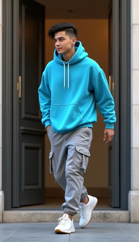 An attractive man with a baggy style and trendy clothes is wearing a sky blue hoodie and gray six pocket pants and white Jordan sneakers and this man is in a profile angle to the camera and quickly exits through a door on the left side of the picture. The ...