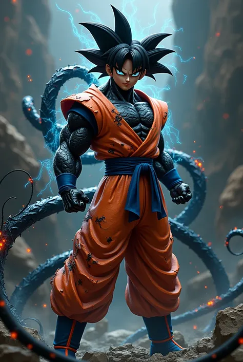 A humanoid hybrid creature combining Gokus powerful Saiyan physique and Venoms menacing alien symbiote features. The figure has Goku’s iconic spiky hair with a black, slimy, and organic texture, resembling Venom’s symbiote. His muscular body is wrapped in ...