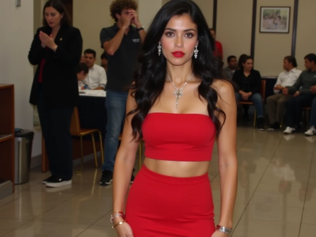 The woman is wearing a red, form-fitting dress.
The dress is a two-piece ensemble, with a strapless top and a skirt.
She is wearing a necklace, earrings, and bracelets.
Her hair is long and black, and it is styled in loose waves.
Her eyes are brown, and sh...