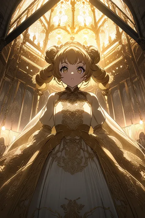 extremely detailed CG unity 8k wallpaper of a loli girl with golden blonde twin drills and shimmering porcelain skin, displaying a regal and confident expression, wearing a Victorian-inspired dress adorned with velvet and intricate lace, standing in a gran...