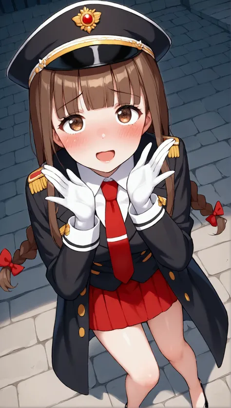 { best quality], [Very beautiful], [Ultra fine], [Best illustration], source_anime,stand,Brown Hair,hime cut,Long Hair,Braids,Excited face,Cutesy,Uniform cap,tie,White gloves, black long coat, skirt,Black heels,Bare legs, slender, blush,A woman looking up,...