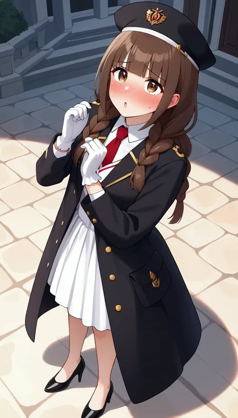 { best quality], [Very beautiful], [Ultra fine], [Best illustration], source_anime,stand,Brown Hair,hime cut,Long Hair,Braids,Excited face,Cutesy,Uniform cap,tie,White gloves, black long coat, skirt,Black heels,Bare legs, slender, blush,A woman looking up,...