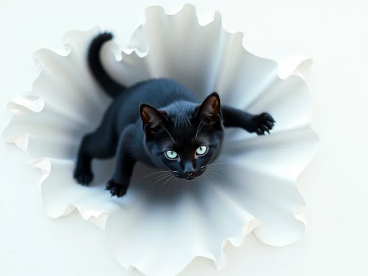 a black cat jumping out of a white sheet of paper