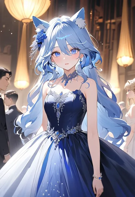 woman with wolf ears and tail, graceful with an aura that exudes beauty and serenity, thin lips, this character has long white hair and adds blue hair to several strands of her hair like Furina Genshin Impact but her hair is full length unlike Furina. Her ...