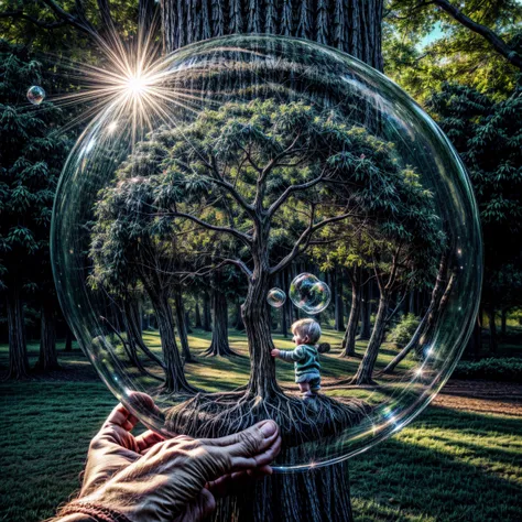 in the center of the image , closeup, hands held together , a tree of life ,  on every tree branch is a magical bubble , in each bubble is a little baby inside , 